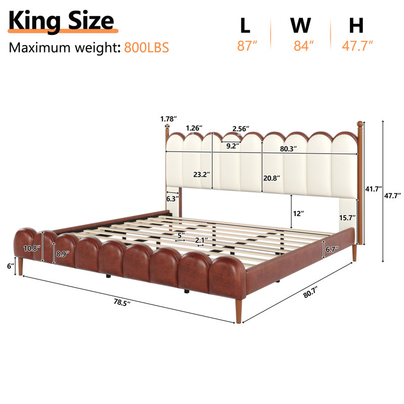 Zechariah PU Leather Upholstered Platform Bed, King, Beige/Brown