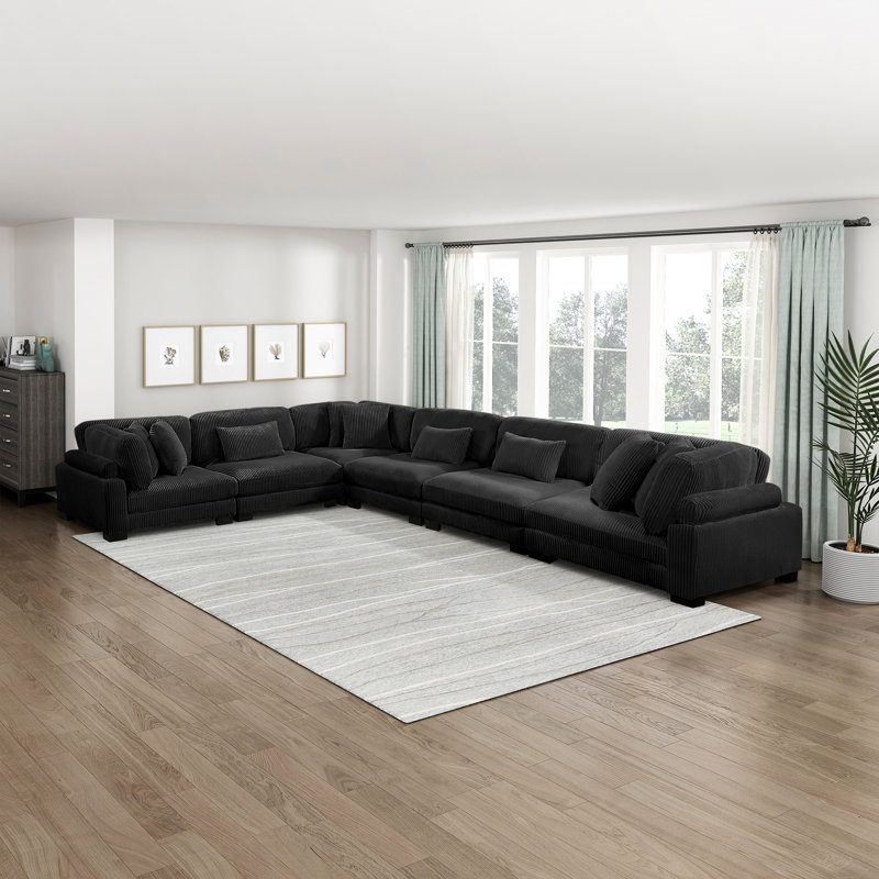 Brinsley 6-Piece 135" L-Shaped Modern Corduroy Modular Sectional with Pocket Coils, Adjustable Backrests, 9 Pillows