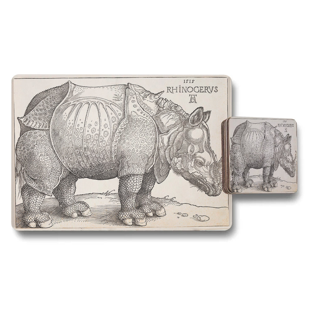Rhinoceros Illustration Placemat and Coaster Set Vintage Style