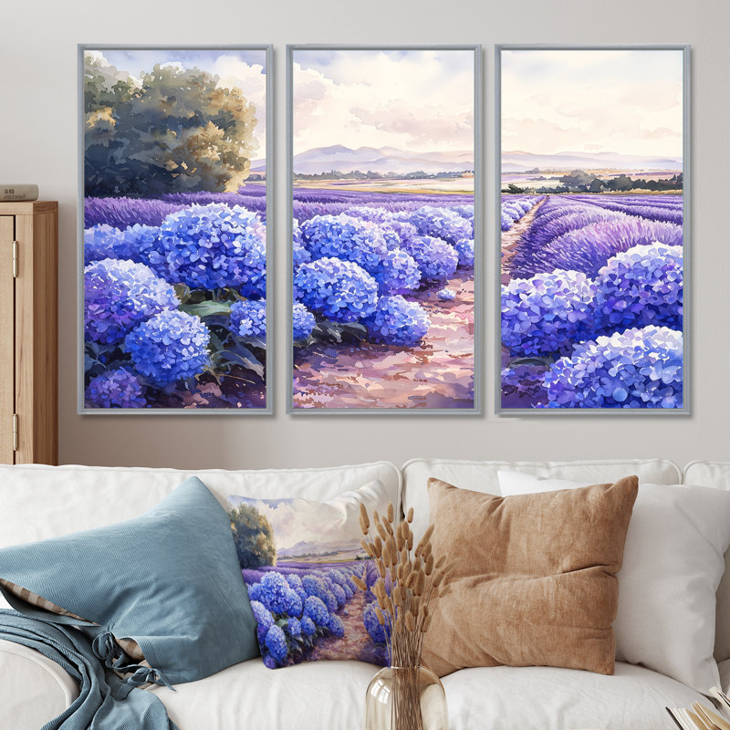 Hortensias dans le champ de lavande II - art mural hortensias - ensemble de 3, H 28 po x l 36 po, Argent argent