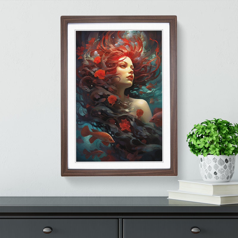 Mermaid Symbolism - Single Picture Frame Print on Wood, Walnut Framed, 34cm H x 25cm W x 2cm D