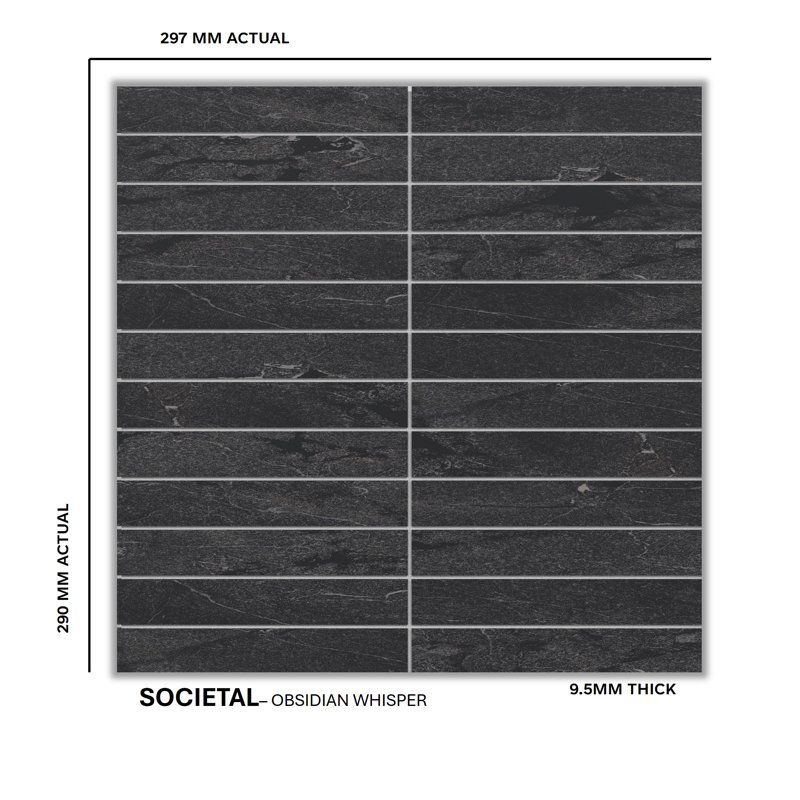 Societal 1" X 6" Porcelain Stone Look Tile Mosaic Sheet, Obsidian Whisper