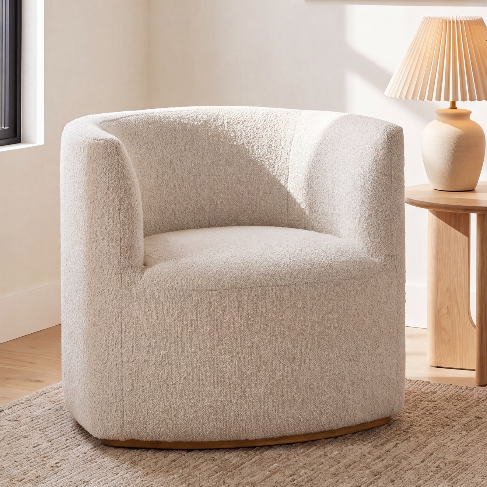 Brookport Swivel Barrel Chair, Ivory Boucle