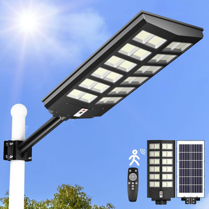 Réverbère solaire 4800W, éclairage extérieur ultra lumineux IP66 de 148 000LM avec capteur de mouvement et télécommande, pour le jardin de l'entrée