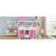 Lit simple superposé en bois avec fenêtres élégantes, rebords et tente, rose et blanc-747527330
