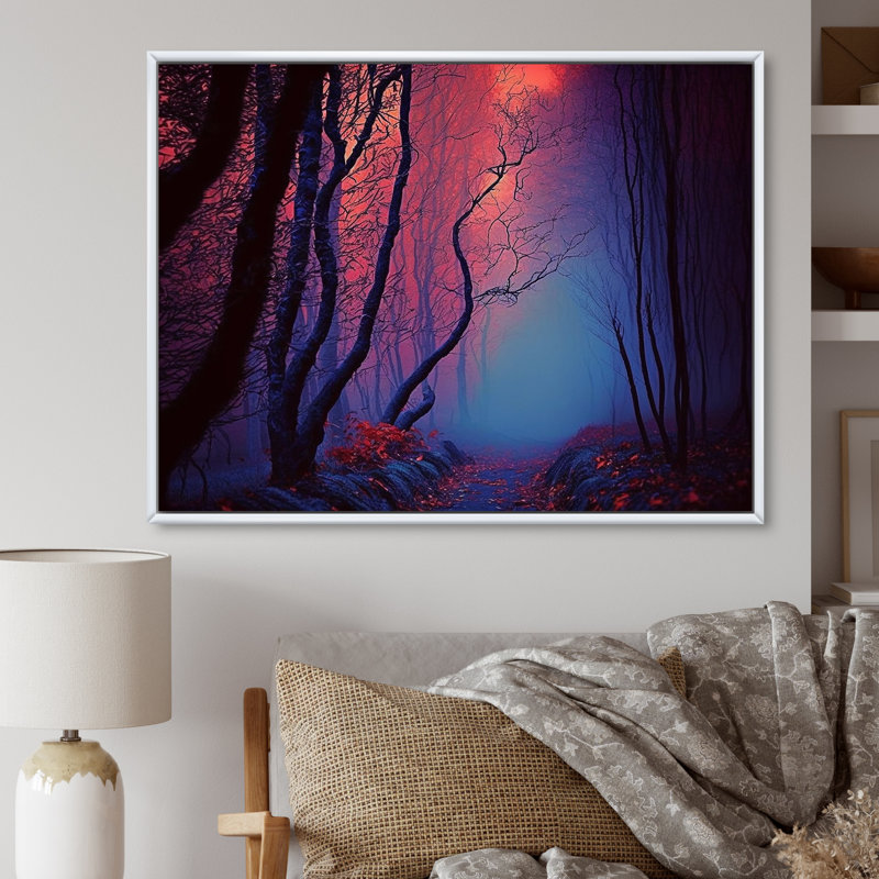 «Sunset Shining Misty Trees Autumn Forest I», reproduction sur toile, H 30 po x l 40 po x P 1,5 po, Cadre flottant blanc