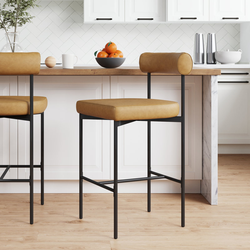 Faux Leather Bar Stool with Metal Legs, 1, Counter Stool (26" Seat Height), Brown/Faux Leather