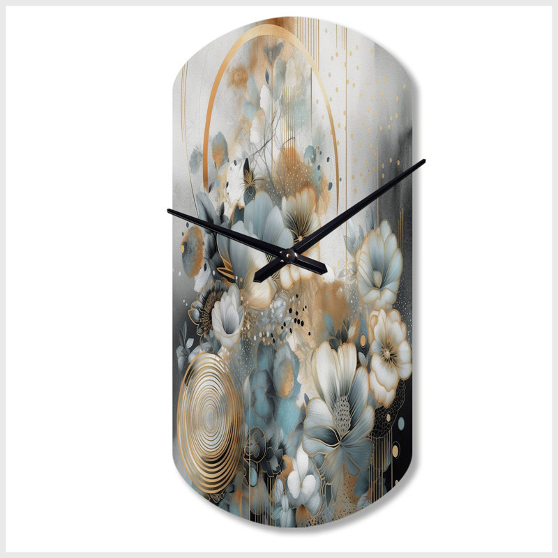 «Natarajan Golden Blue Silky Flower Design II», horloge murale asymétrique florale en métal, Petit