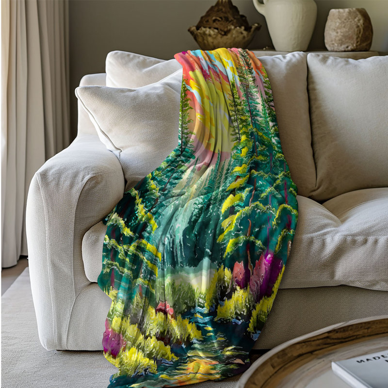 Motif Groovy - 1 pièce Sherpa Premium, Lit simple, Rose / jaune / vert floral / dégradé