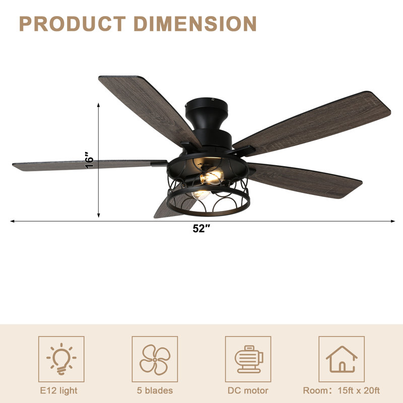 Ventilateur de plafond encastré de 52 pouces avec lumière, cage noire à profil bas avec 5 pales réversibles