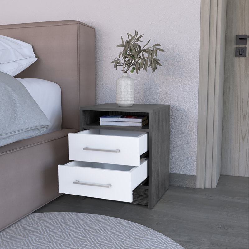 Nightstand Cartiz, Two Drawers, Smokey Oak / White Finish, White/Smokey Oak