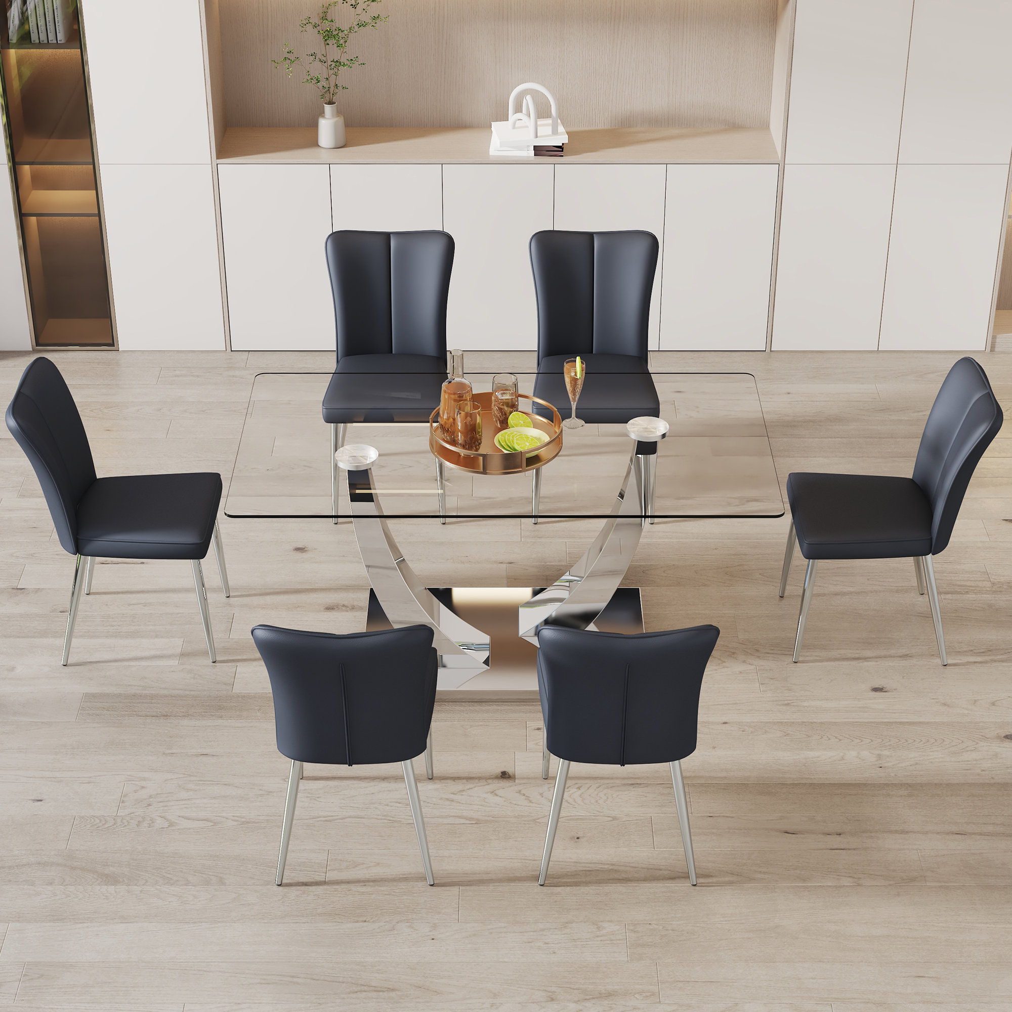 Orren Ellis "x35.4" tempered glass dining table with 6 black pu chairs ...