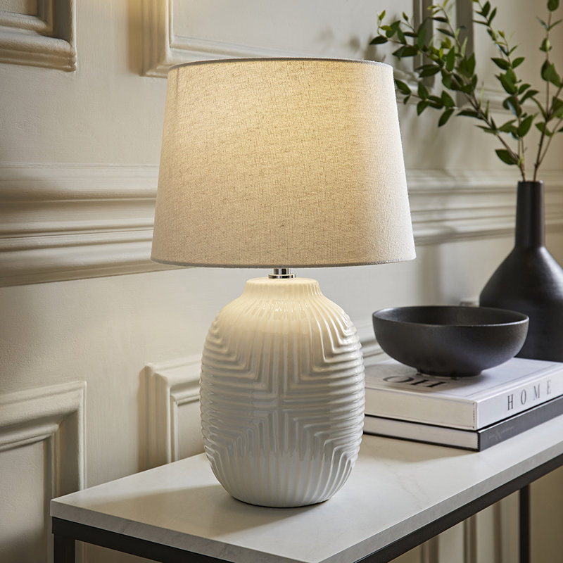 Harrison Tapered Lamp Shade Geometric Ribbed Pattern Gloss Small Table Lamp, Yes, 41cm H x 25cm W x 25cm D, White