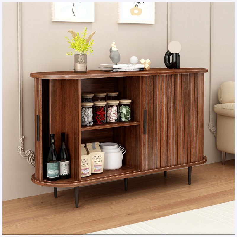 47" W Walnut Buffet Sideboard Cabinet, Fluted Storage Accent Cabinet with Curvy Edge, Sliding Door Credenza Console Table for Living Room, Dining Room, Kitchen, Hallway