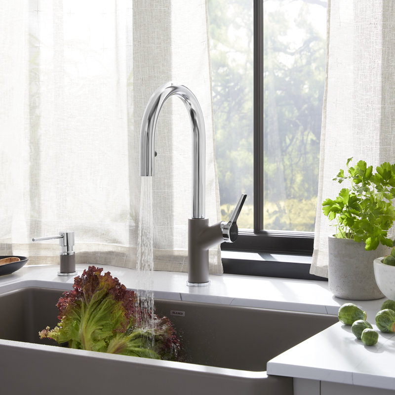 Urbena Pull-Down Dual-Spray Kitchen Faucet, Volcano Gray/Chrome