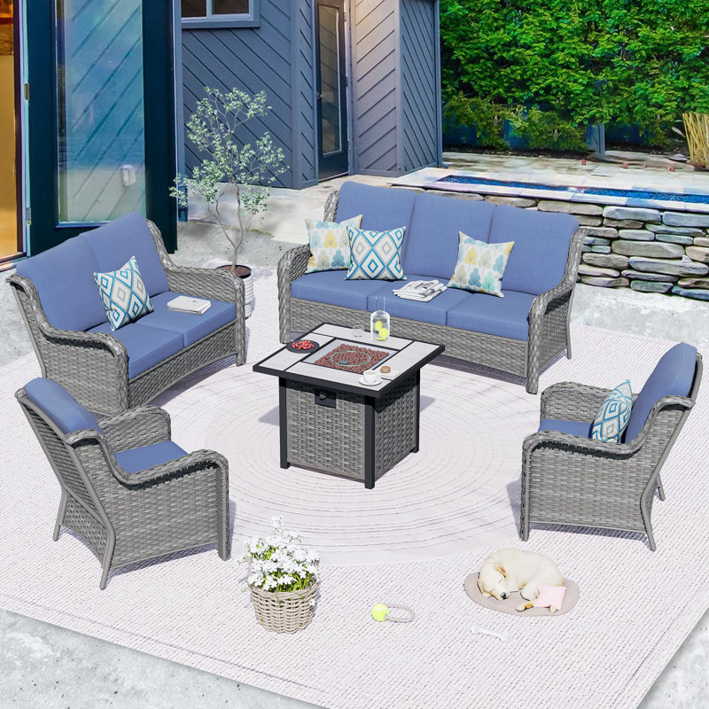 7 - Person Outdoor Seating Group With Cushions, Denim Blue, Gray
