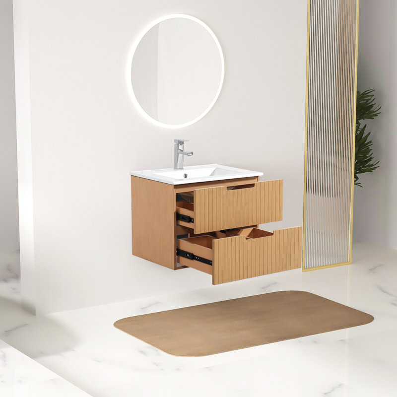 24" Wall Mounted Single Bathroom Vanity with Ceramic Sink Floating Bathroom Vanity, Brown, 24"