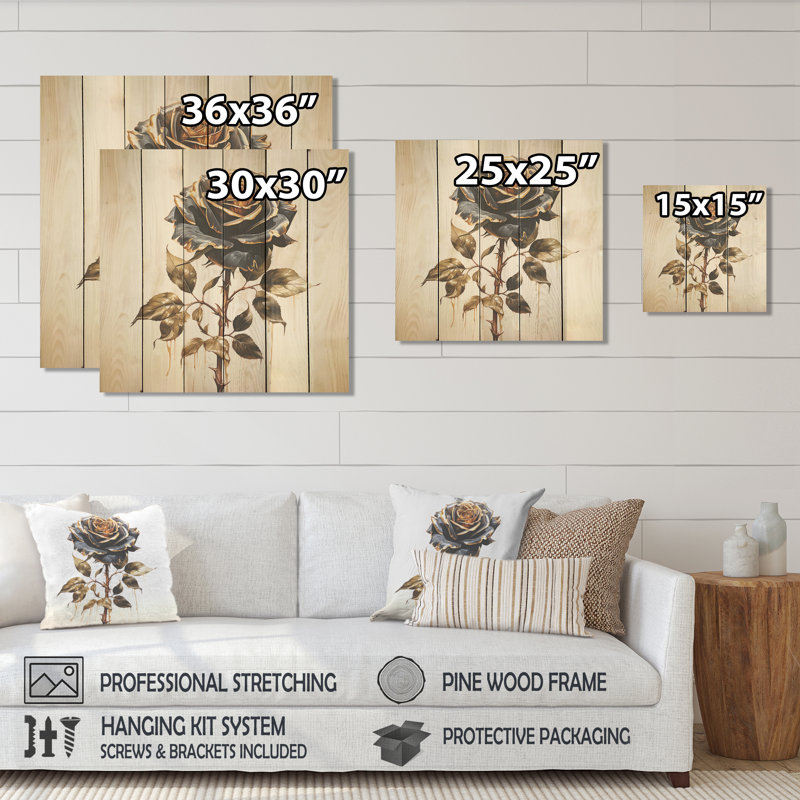 Vintage Rose Rosegold Elegance I - Rose On Wood Print, 25" H x 25" W