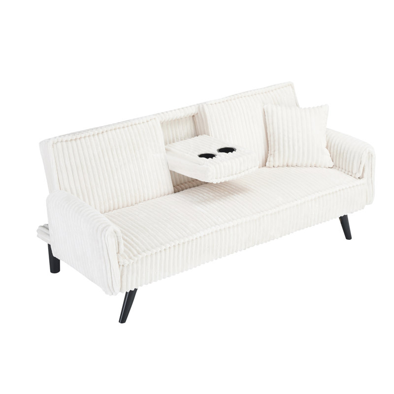 Lit gigogne blanc en velours côtelé: rangement caché, tissu doux, porte-gobelet confortable rembourré d'éponge, structure en bois massif, rétractable
