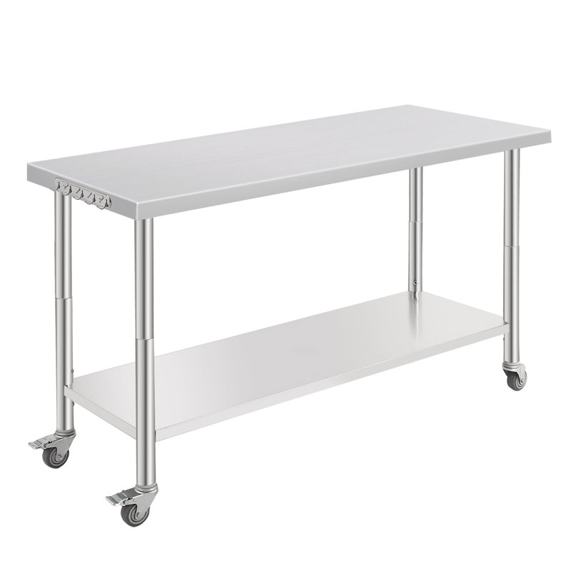 Table de préparation en acier inoxydable, table de travail en métal avec dosseret, tablette inférieure réglable, 5 crochets, poste de travail robuste pour cuisine, garage