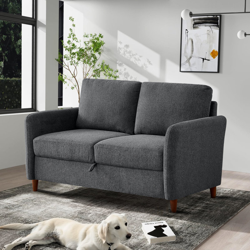 56.5'' Linen Loveseat Sofa with Storage Space Square  Arm, Dark Grey