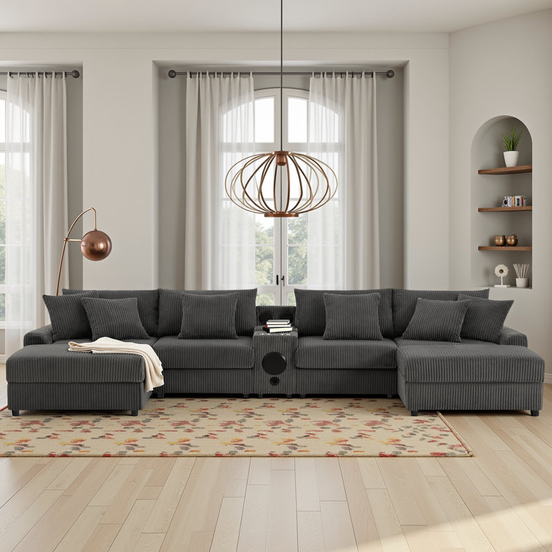 144" U-Shaped Sectional Sofa with Bluetooth Speakers & Charging Station,Modular 6-Seater Cloud Couch for Apartments