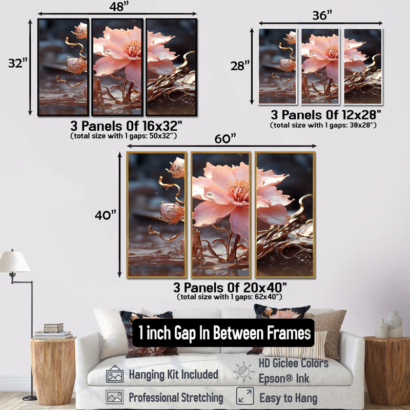 Klerken - ensemble d'art mural rose, Encadrement argenté, H 32 po x l 48 po x P 1 po