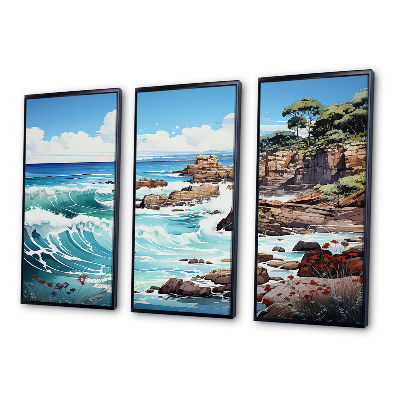 Ensemble de salon Blue Beach Waves Fusion II - Beach Wall Art, Cadre flottant noir, H 32 po x l 48 po x P 1 po