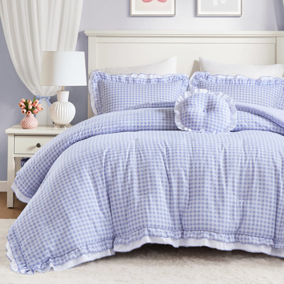Édredon double / grand avec imprimé, volant à deux couches, coussin rond assorti, lit léger en microfibre 4 pièces pour lit double / grand, accent, blanc