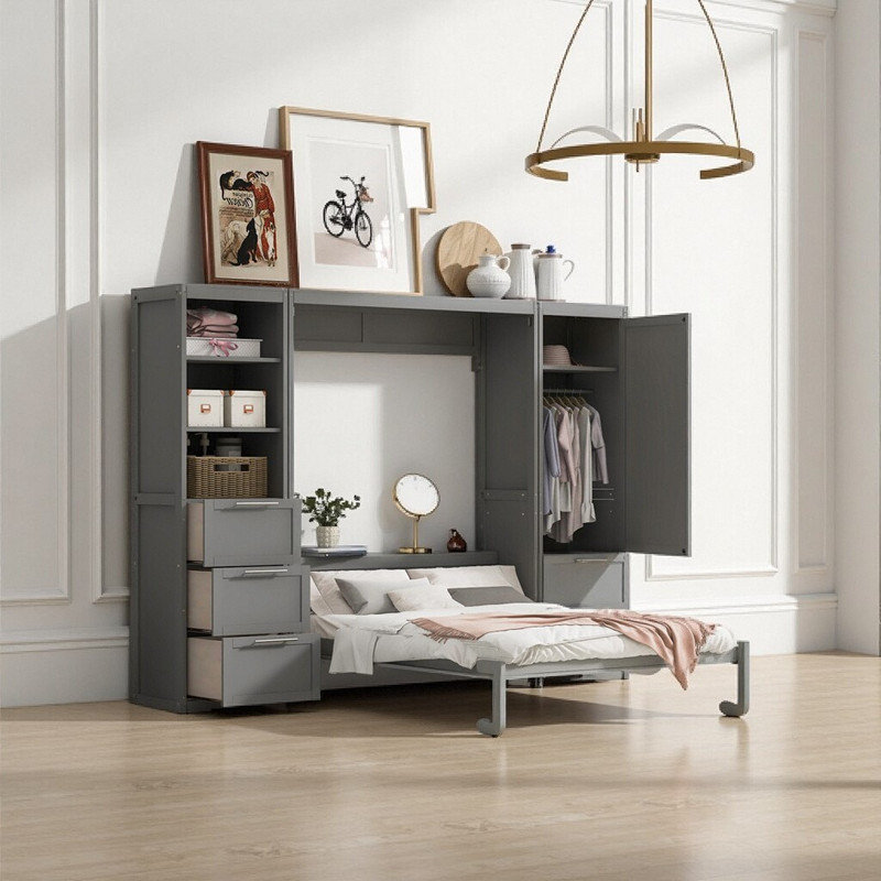 Grand lit escamotable mural avec tiroirs et tablettes de rangement pour garde-robe intégrés - solution de mobilier peu encombrante