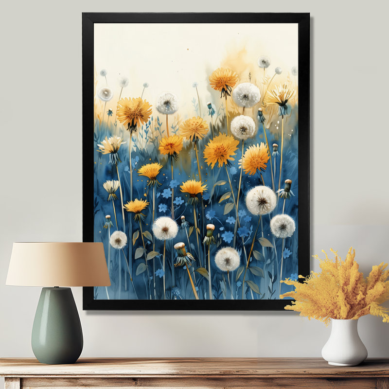 Jaune et bleu, jardin de vie, pissenlit - Pissenlit, art mural, Cadre simple noir, H 32 po x l 16 po x P 1 po