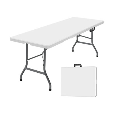 Table pliante portable robuste de 1,8 m, plateau en plastique avec poignée de transport pour fêtes, pique-niques et bureaux.