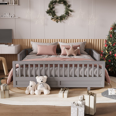 Twin Size Solid Wood Platform Bed With Guardrails,Convertible Twin Beds by Isabelle & Max
