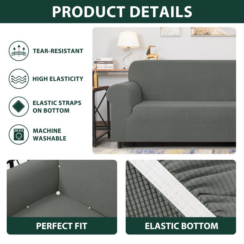 Spandex Soft Textured Grid Box Cushion Sofa Slipcover, Dove Grey