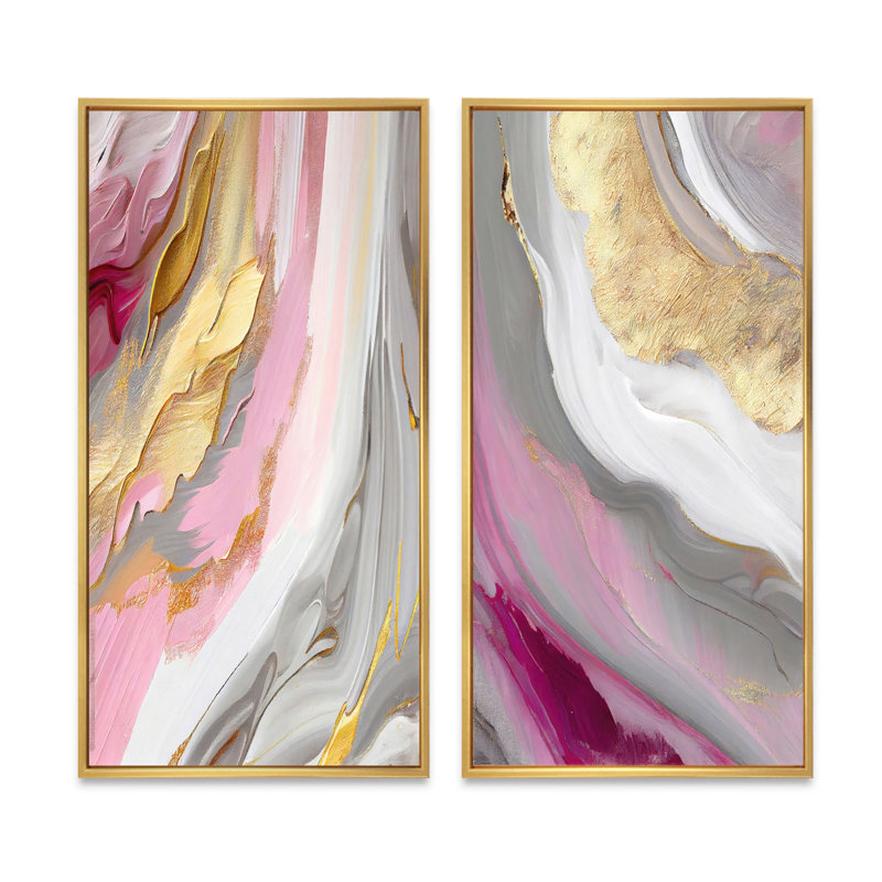 «Pink and Gold Marble Abstract VI», 2 pièces sur toile, Encadrement doré, H 40 po x l 40 po
