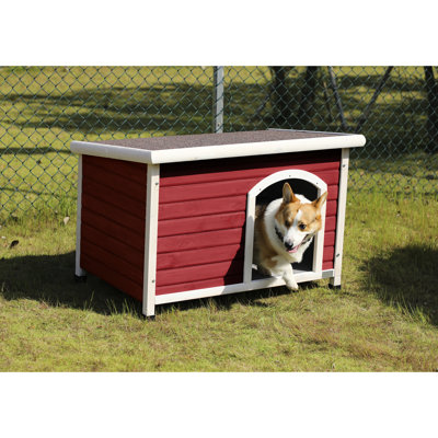 Niche pour chien rouge moyen - Toit imperméable en bois, pieds réglables surélevés, rideau de porte résistant aux intempéries pour chiens jusqu'à 70 livres