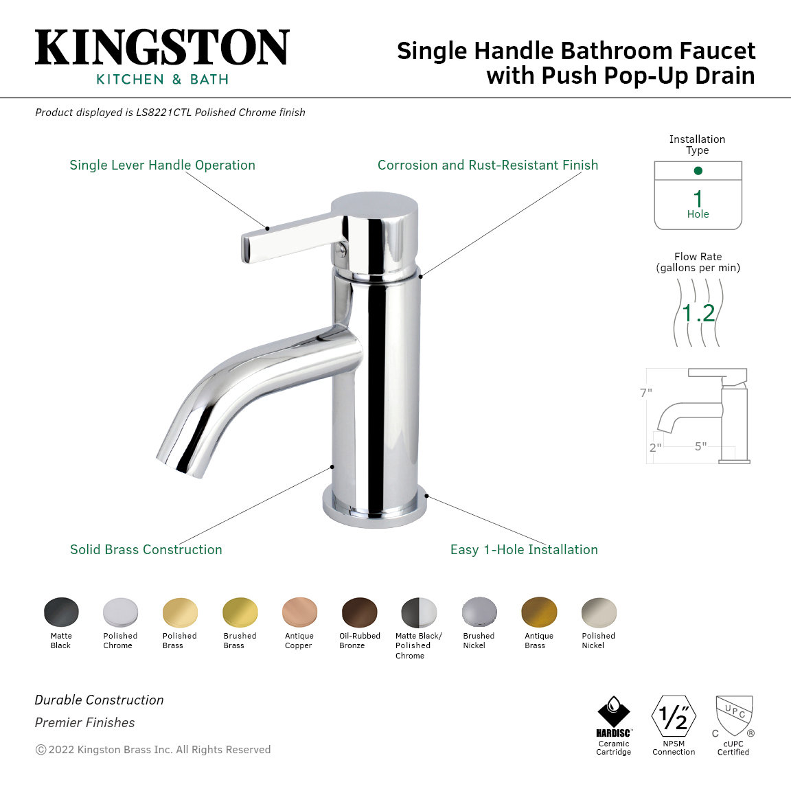 Continental Single-Hole Faucet with Pop-Up Drain, Brushed Nickel