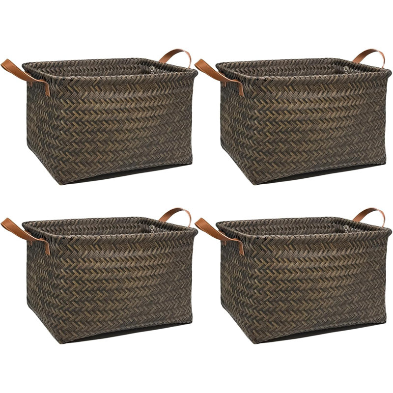 Grands paniers de rangement tissés avec poignées - Paquet de 4 paniers de rangement décoratifs rectangulaires pour tablettes, placard, buanderie et rangement