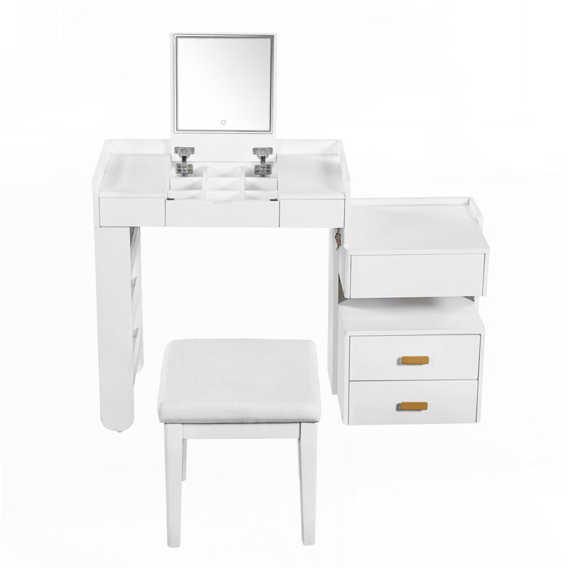3-In-1 Makeup Vanity Desk With Flip-Top Mirror, Led Lighting, Adjustable Length & Ample Drawers, White