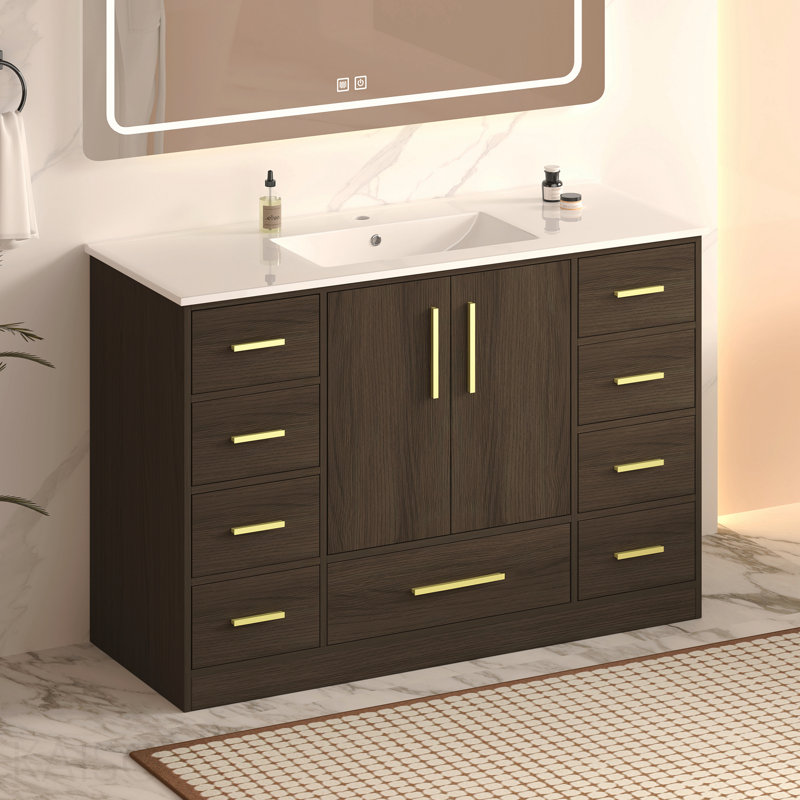 Meuble-lavabo 48 po brun foncé. Armoire de rangement abondante - 2 portes à fermeture douce et 9 tiroirs, Marron foncé