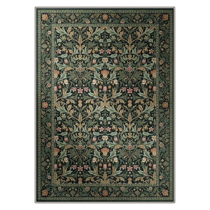 Vinehart Floral Vines Machine Washable Sage Indoor Area Rug With Non-Slip Backing, Rectangle 5' x 7'