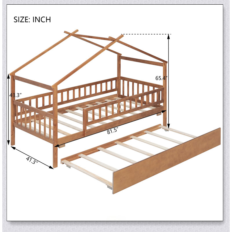 Wooden House Bed With Trundle, Walnut