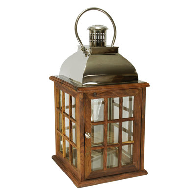 30" Oversized Modern Sheesham Wood Candle Lantern with Silver Metal Handle