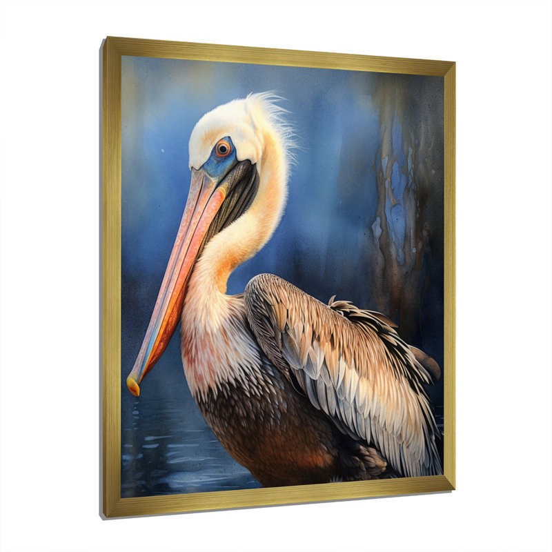 Majestic Pelican II - art mural sur toile Pelican, Cadre doré simple, H 32 po x l 16 po x P 1 po