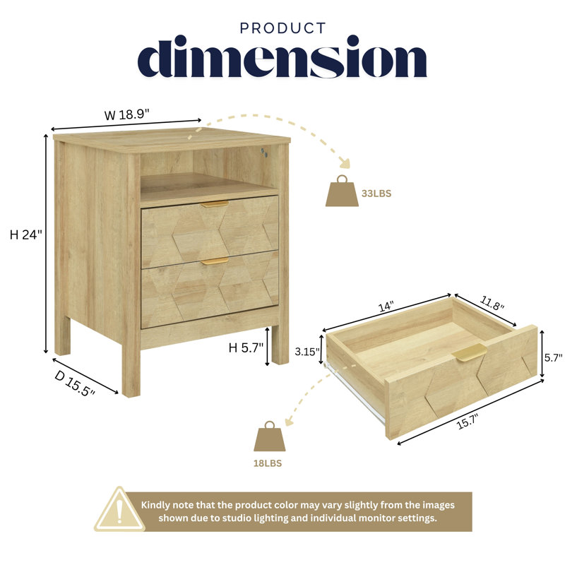 Nordic 2 Drawer Nightstand, Bedside Table with Storage Drawers, Night Stand for Bedroom, End Table or Side Table for Living Room, 15.5" D x 18.9" W x 24" H, Beige