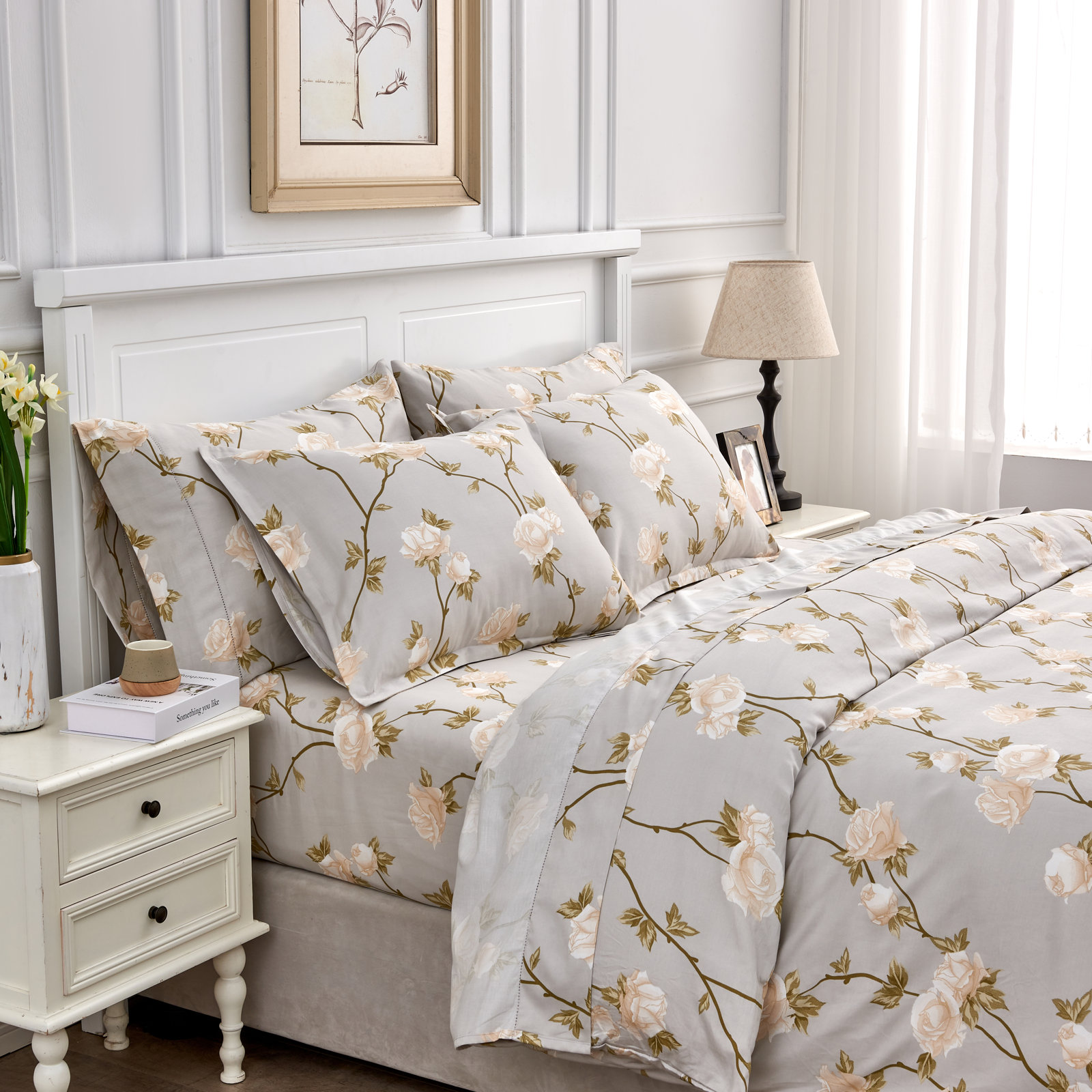 Auren Gray/Cream Standard Cotton Duvet Cover Set, King Duvet Cover + 2 King Sham