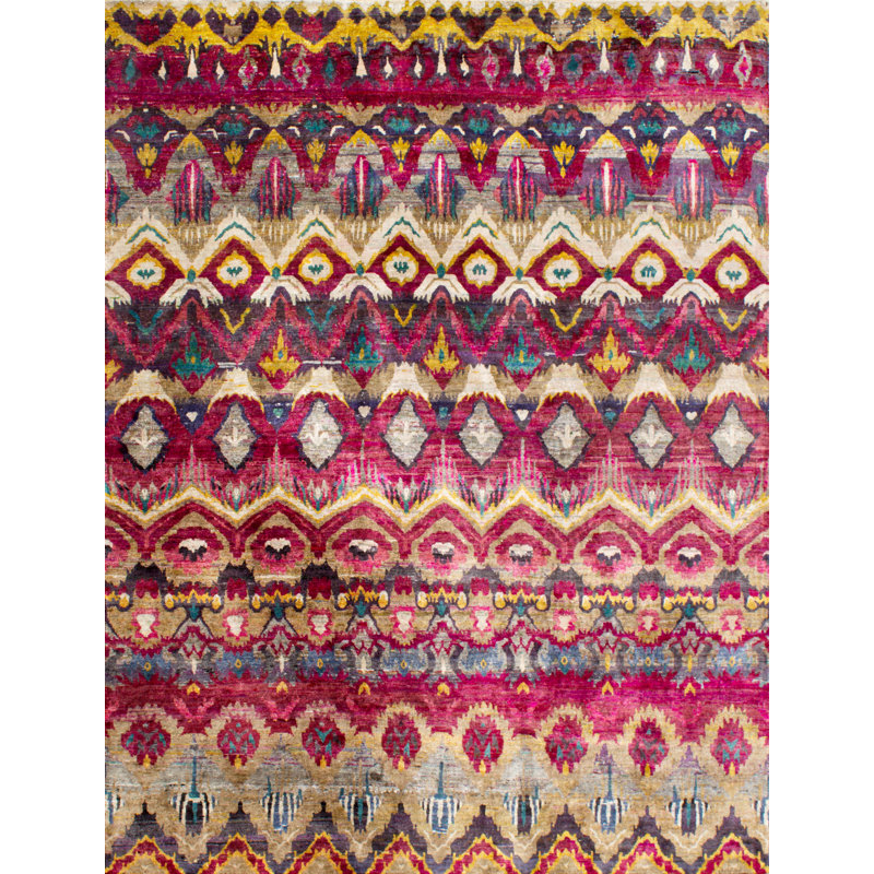 Tapis de jardin en soie noué à la main Rumi Ikat, Rectangle 5 pi 2 po x 9 pi 6 po