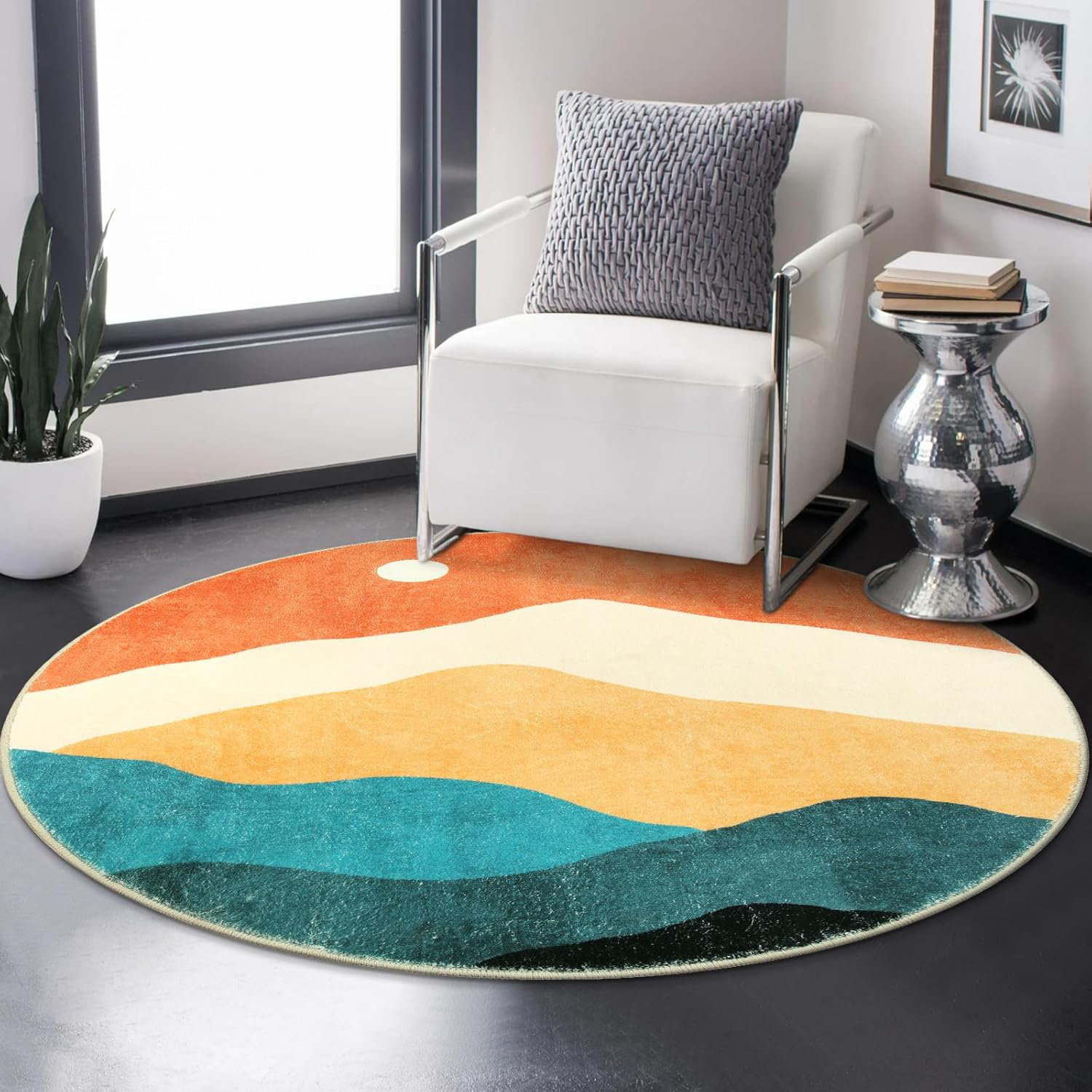 Ivy Bronx Abstract Round Rugs For Bedroom, Washable Non-Slip Circle Rug ...
