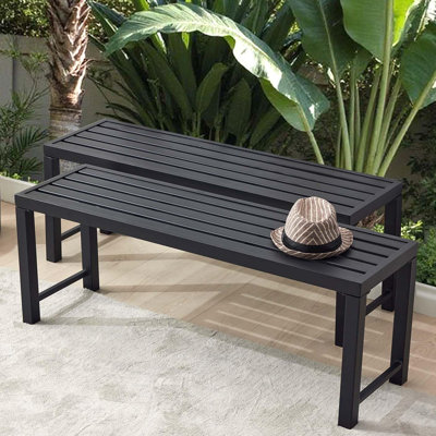 2 Pack Weatherproof Metal Outdoor Bench, Backless Patio Bench Seat for Garden Backyard Porch, Multi-Use Plant Stand & Holder