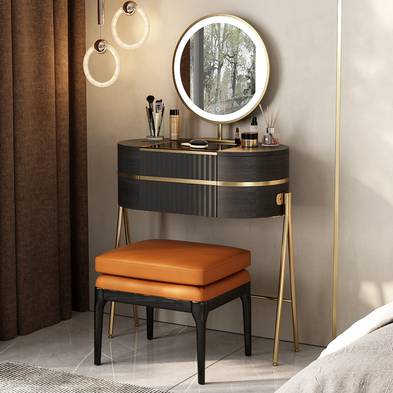 Adaisia Tempered Glass Top Vanity Set, Black/Gold